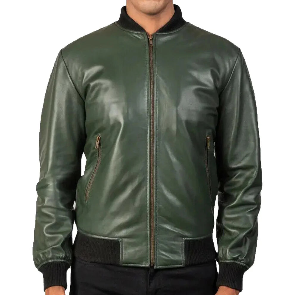 Men’s Real Leather Motorcycle Bomber Jacket in Green Front View