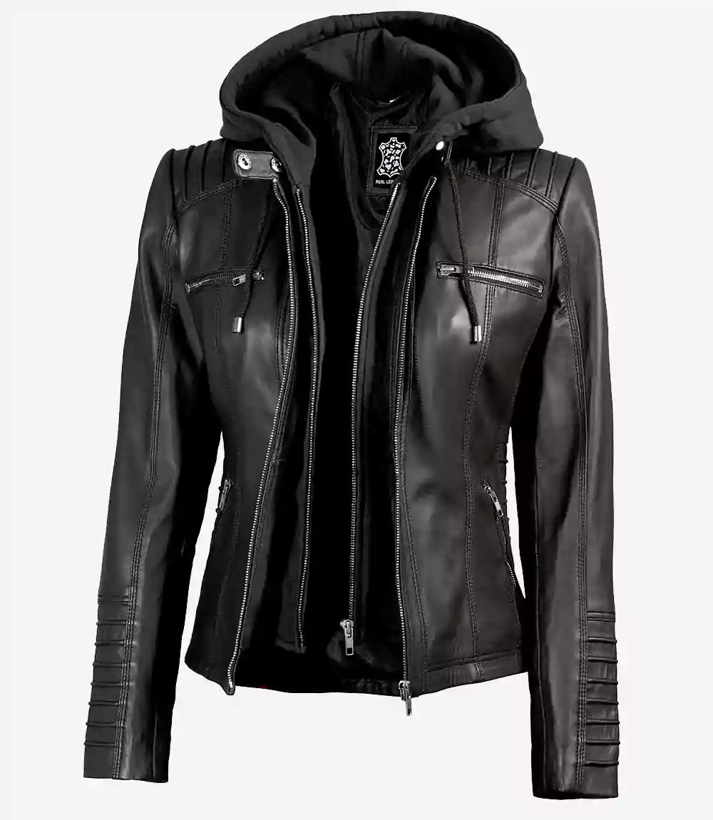Women’s Black Lambskin Leather Jacket with Removable Hood