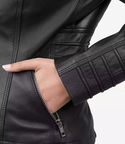 Women’s Black Lambskin Leather Jacket with Removable Hood