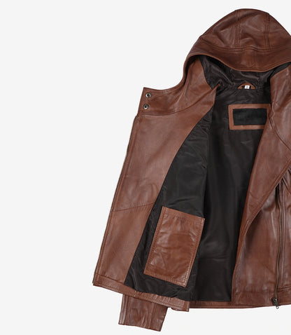 Women’s Brown Asymmetrical Lambskin Leather Jacket with Hood