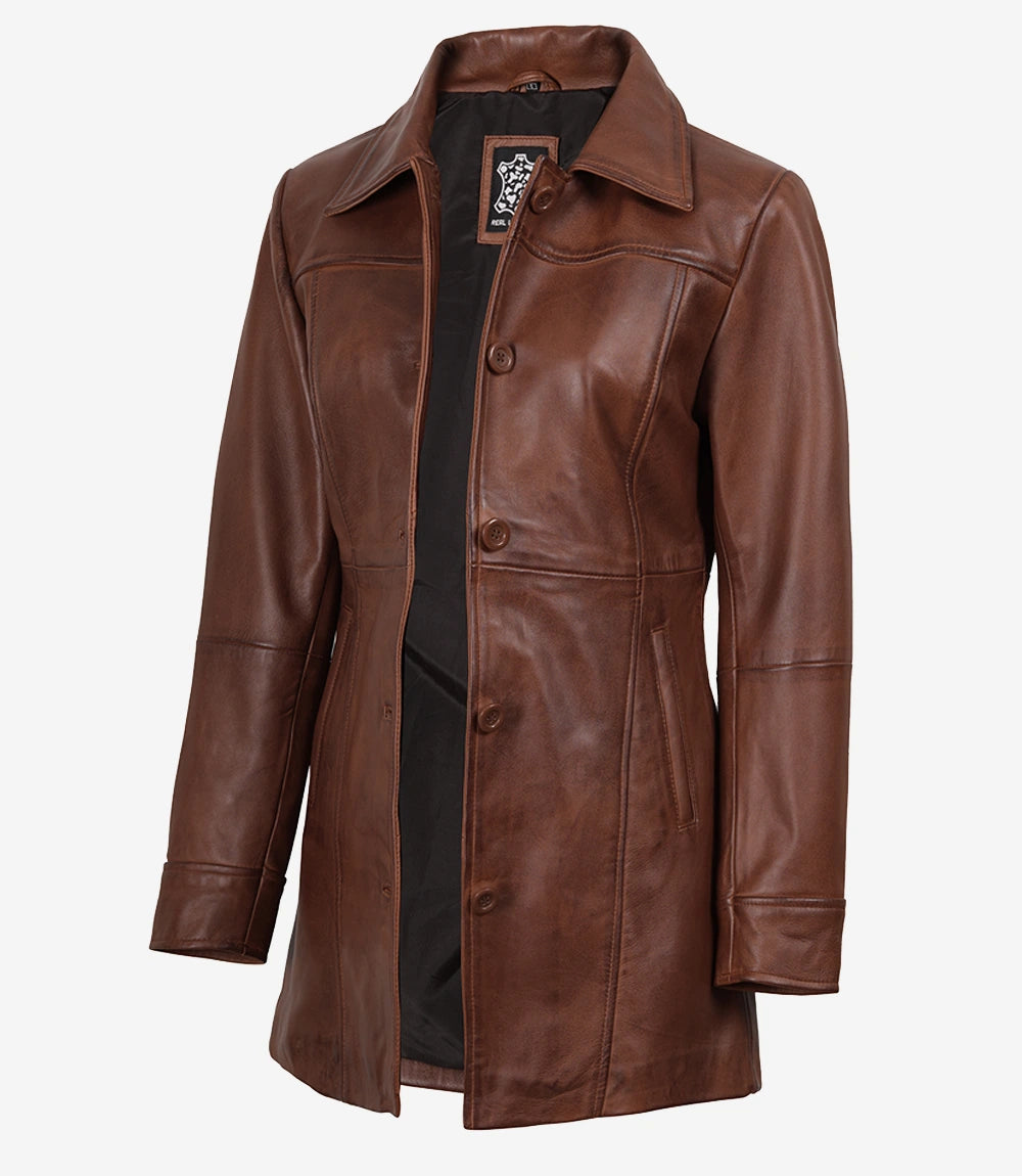 Women's Tall Real Leather Cognac Coat - 3/4 Length Coat
