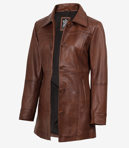Women's Tall Real Leather Cognac Coat - 3/4 Length Coat