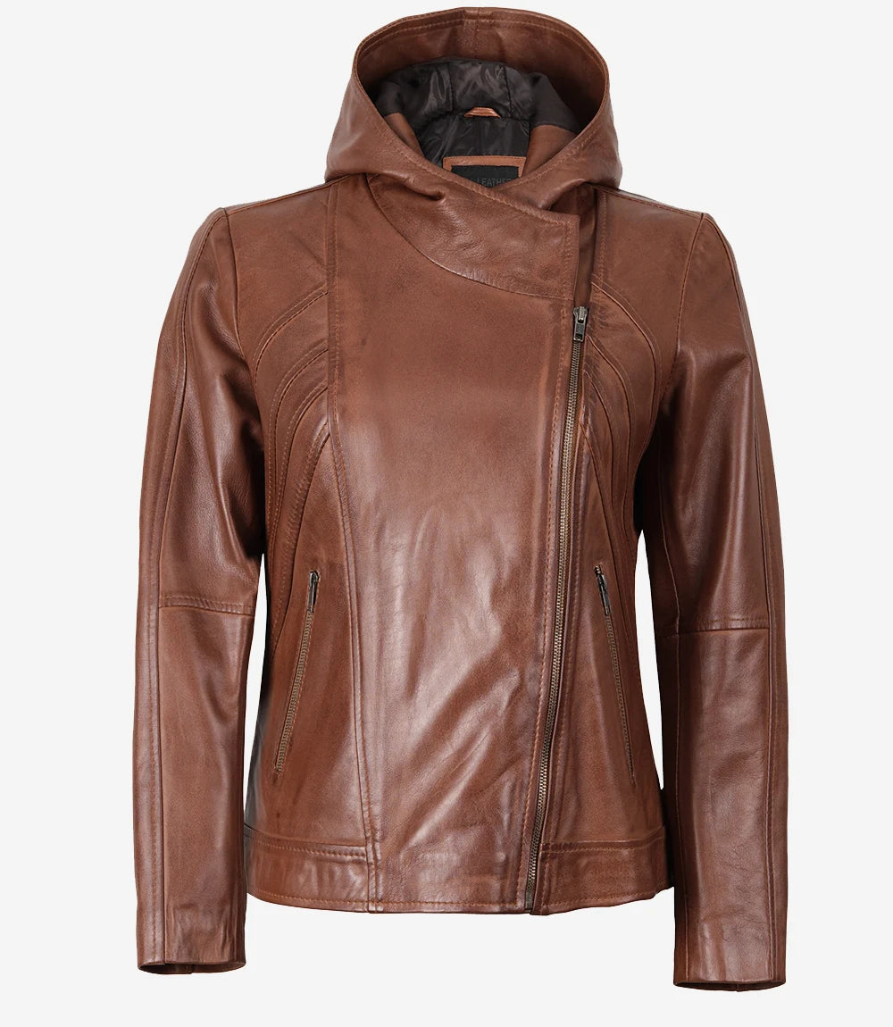 Women’s Brown Asymmetrical Lambskin Leather Jacket with Hood