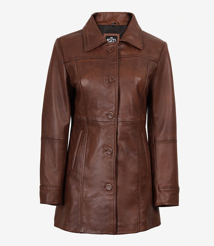 Women's Tall Real Leather Cognac Coat - 3/4 Length Coat