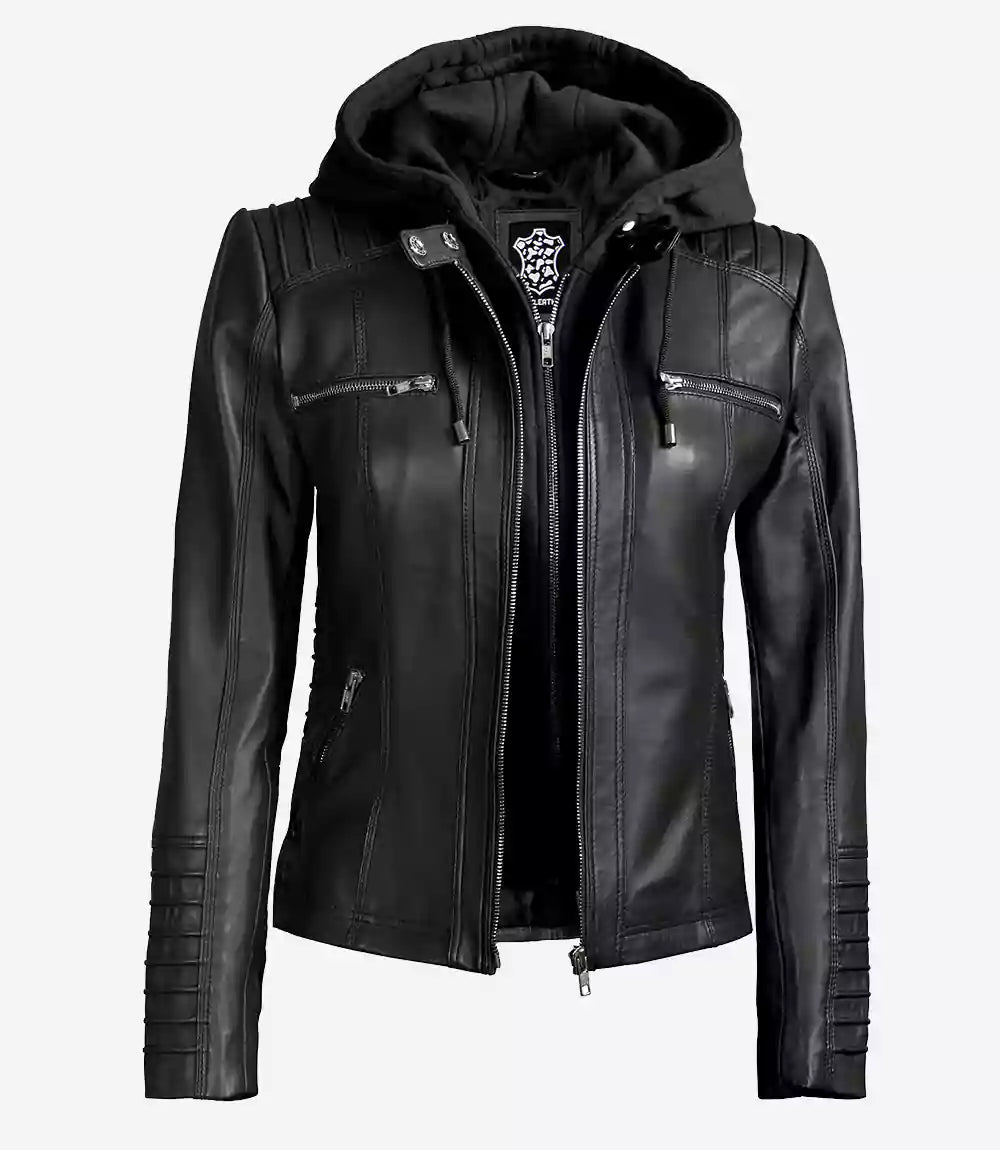 Women’s Black Lambskin Leather Jacket with Removable Hood