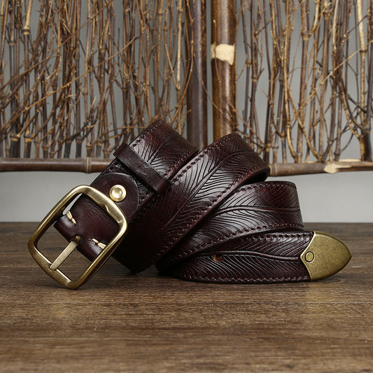 Men’s Double-Sided Genuine Cowhide Belt – 3.8CM Wide Thick Leather with Brass Buckle