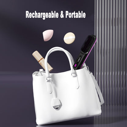 2-In-1 Wireless Hair Straightener Brush – Portable Fast Heating Comb & Hot Curler, USB Rechargeable