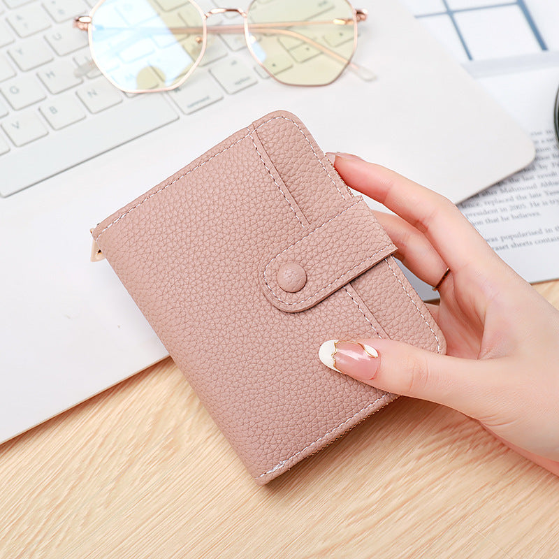 Ladies’ Short Wallet with Lychee Pattern – 2-Fold PU Leather Mini Purse
