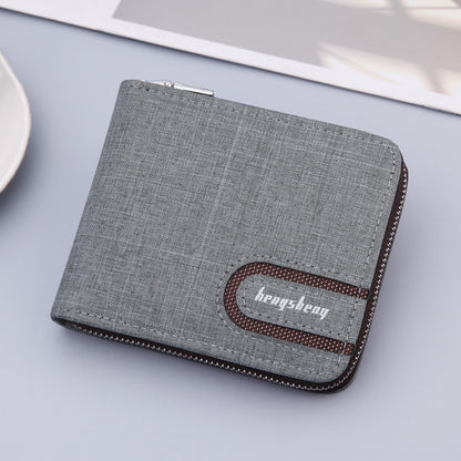 Men’s Canvas Short Wallet – Retro Multifunctional Zipper Bifold Purse with Card & Coin Holder