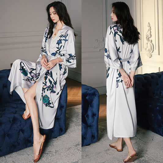 Women’s Luxury Silk Dressing Gown – Long Floral Print Elegant Nightwear Robe
