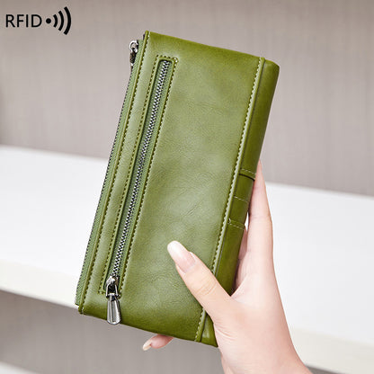 Oil Wax Leather Women’s Long Wallet – Double Zipper Retro Anti-theft PU Purse