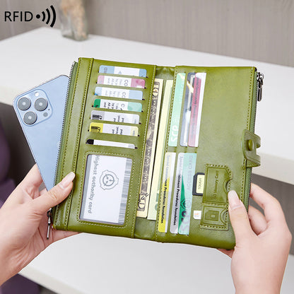 Oil Wax Leather Women’s Long Wallet – Double Zipper Retro Anti-theft PU Purse
