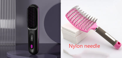 2-In-1 Wireless Hair Straightener Brush – Portable Fast Heating Comb & Hot Curler, USB Rechargeable