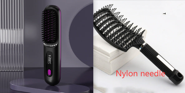 2-In-1 Wireless Hair Straightener Brush – Portable Fast Heating Comb & Hot Curler, USB Rechargeable