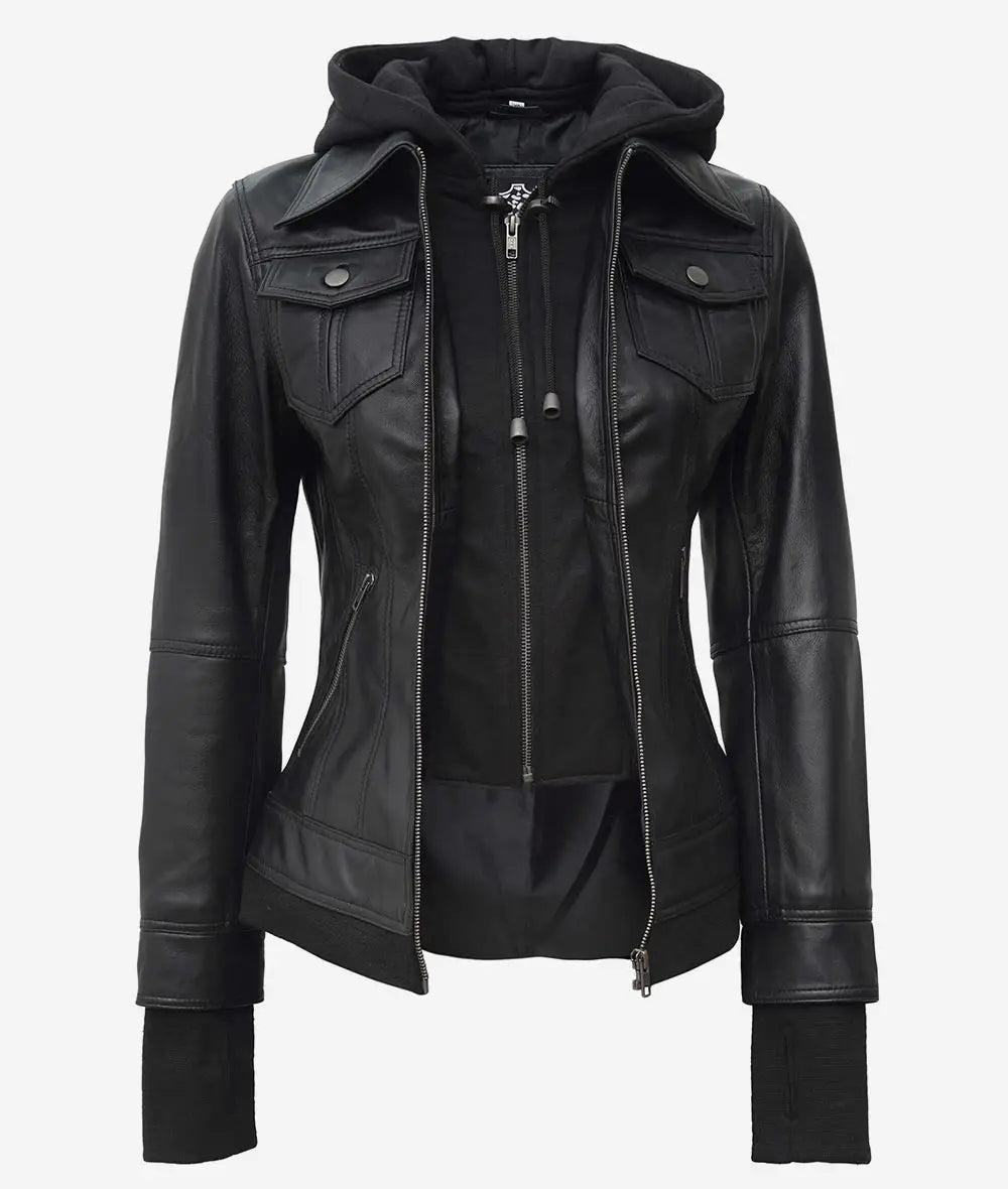 The Céleste – Women’s Black Leather Bomber Jacket with Removable Hood