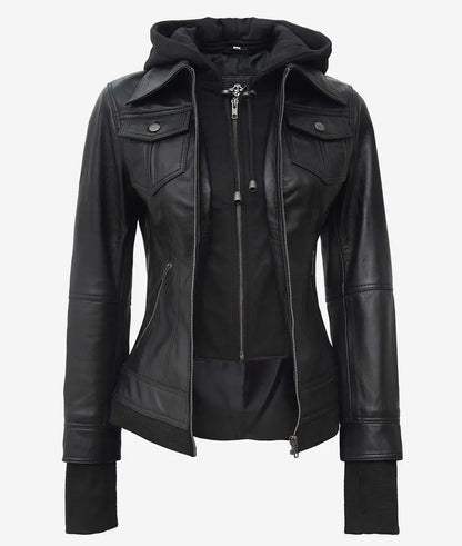 The Céleste – Women’s Black Leather Bomber Jacket with Removable Hood