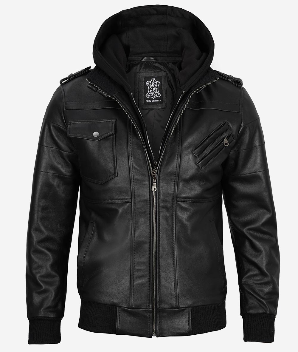 Men’s Black Lambskin Leather Bomber Jacket with Removable Hood