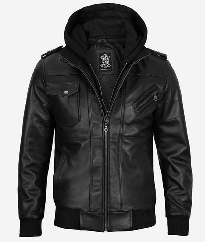 Men’s Black Lambskin Leather Bomber Jacket with Removable Hood