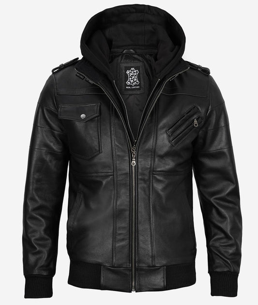 Men’s Black Lambskin Leather Bomber Jacket with Removable Hood