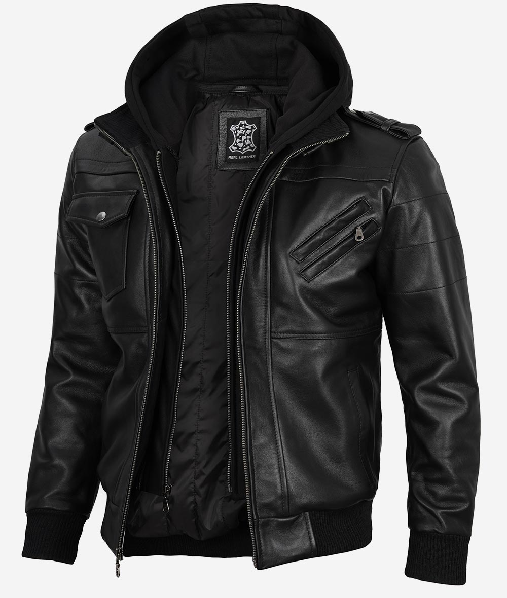 Men’s Black Lambskin Leather Bomber Jacket with Removable Hood