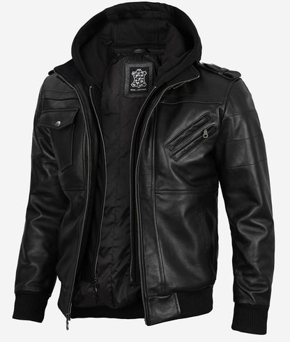 Men’s Black Lambskin Leather Bomber Jacket with Removable Hood