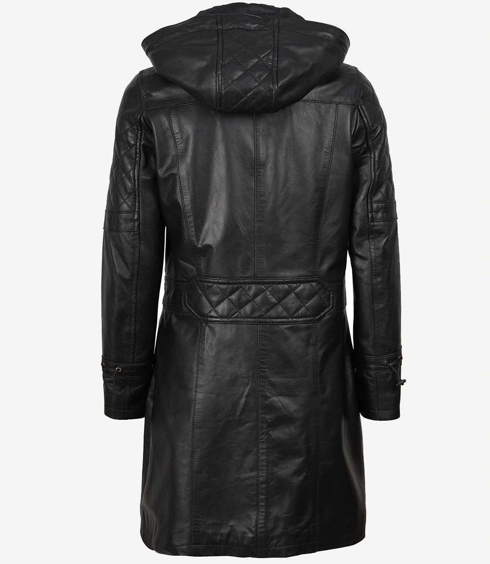 Women’s 3/4 Length Black Lambskin Leather Coat with Hood