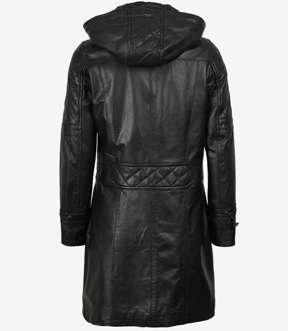 Women’s 3/4 Length Black Lambskin Leather Coat with Hood