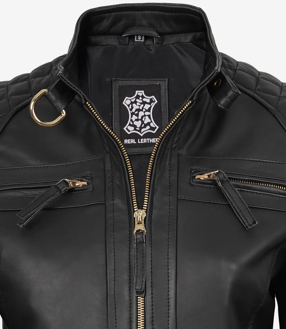 Women’s Black Real Leather Biker Jacket – Golden Details