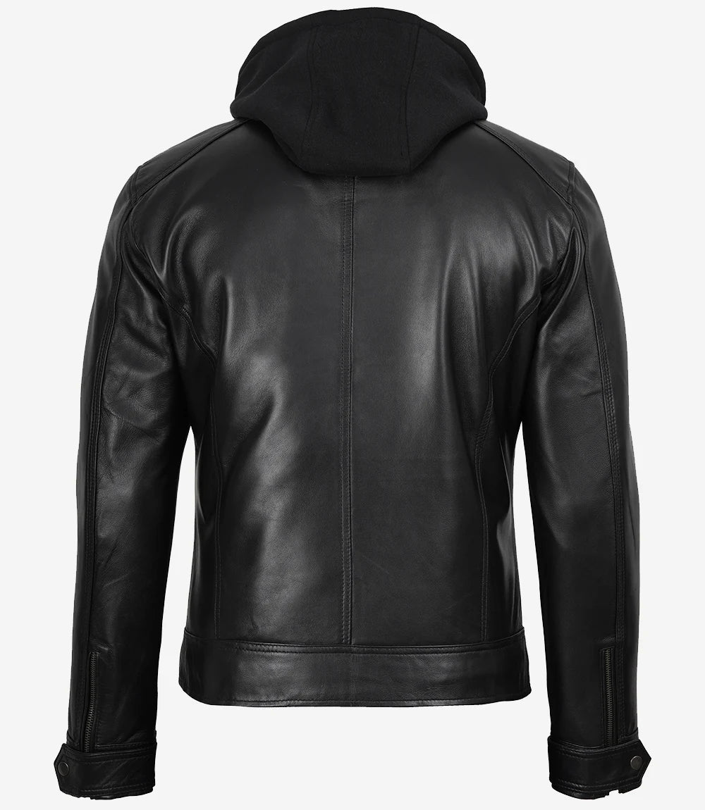 Men's Black Leather Jacket with Removable Hood | Lambskin Bomber