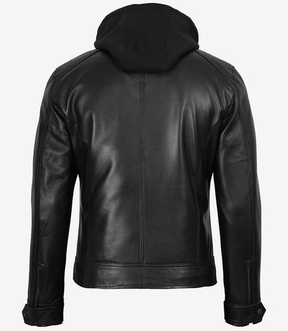 Men's Black Leather Jacket with Removable Hood | Lambskin Bomber
