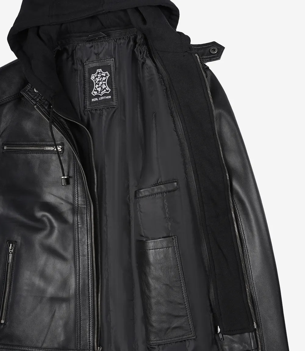 Men's Black Leather Jacket with Removable Hood | Lambskin Bomber