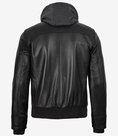 Men's Real Leather Black Bomber Jacket with Removable Hood