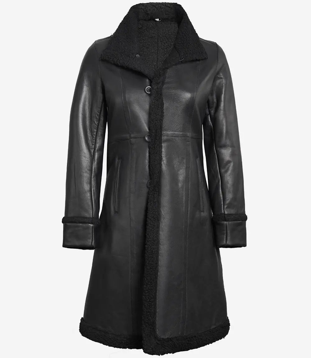 Women’s 3/4 Length Real Leather Black Shearling Coat
