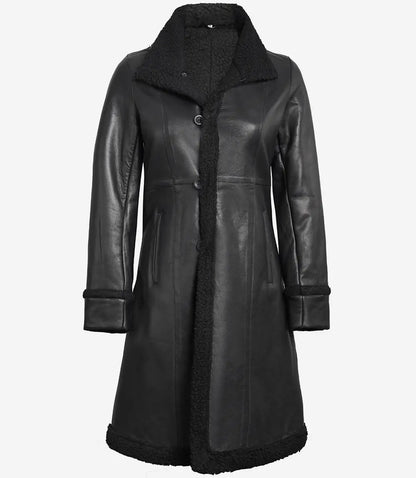 Women’s 3/4 Length Real Leather Black Shearling Coat