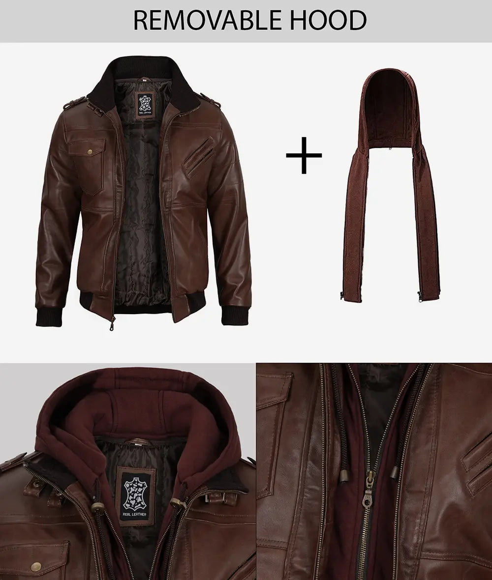 Men's Dark Brown Bomber Leather Jacket with Hood
