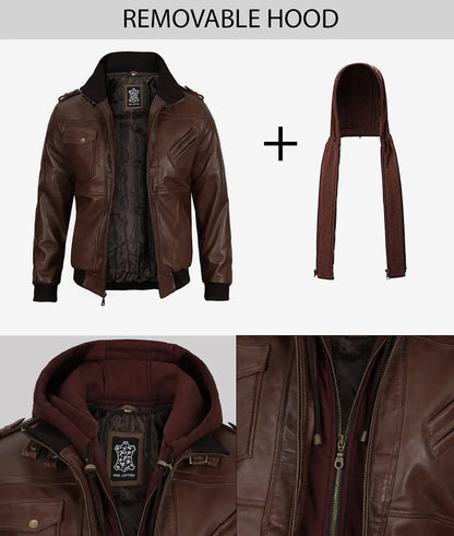 Men's Dark Brown Bomber Leather Jacket with Hood
