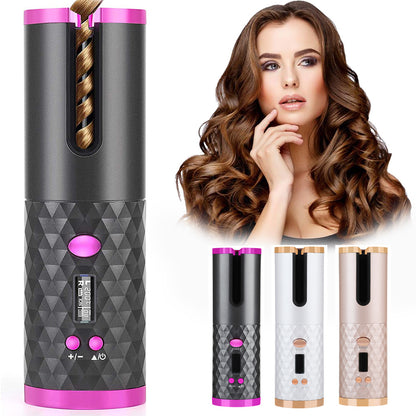 Rechargeable Automatic Hair Curler – Portable Cordless Ceramic Rotating Curling Iron with LCD Display for Women