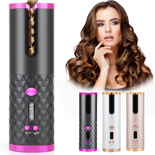 Rechargeable Automatic Hair Curler – Portable Cordless Ceramic Rotating Curling Iron with LCD Display for Women