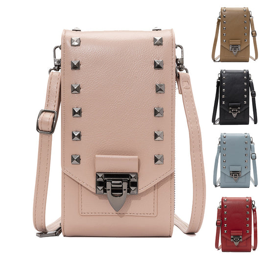 Women’s Rivet Design Crossbody Shoulder Bag – PU Leather Mobile Phone Handbag