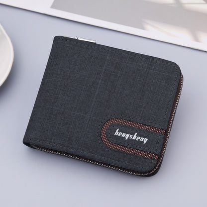 Men’s Canvas Short Wallet – Retro Multifunctional Zipper Bifold Purse with Card & Coin Holder