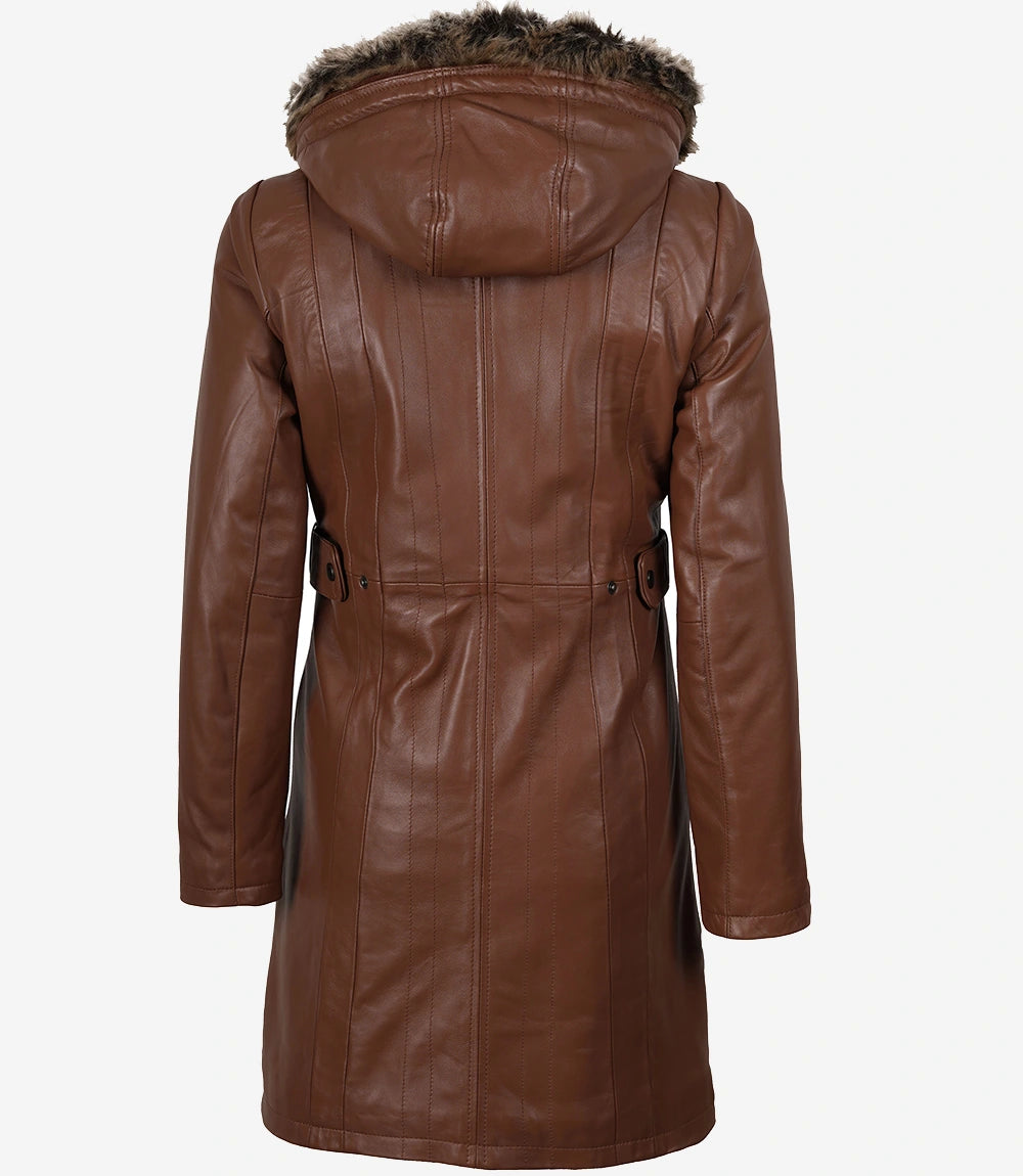 Women’s Real Leather Brown Coat with Fur Trim & Removable Hood