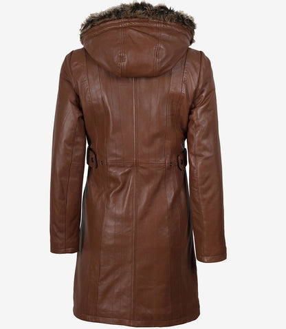 Women’s Real Leather Brown Coat with Fur Trim & Removable Hood