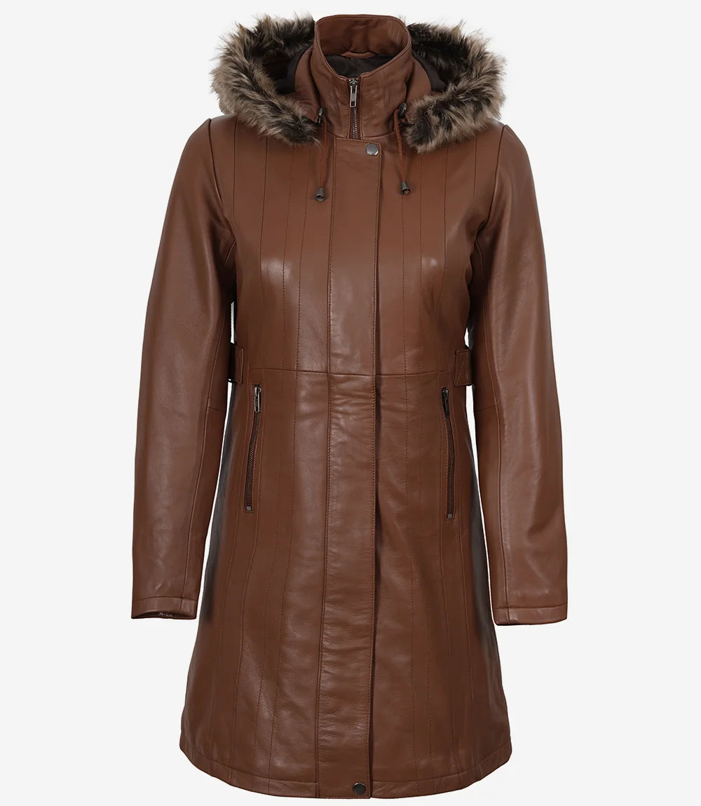 Women’s Real Leather Brown Coat with Fur Trim & Removable Hood