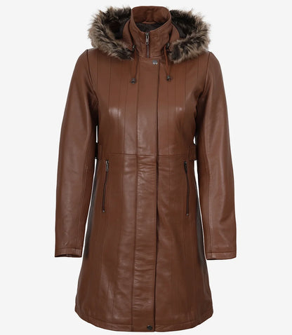 Women’s Real Leather Brown Coat with Fur Trim & Removable Hood