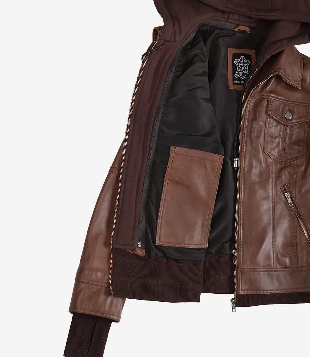 Tralee Women’s Cognac Waxed Lambskin Bomber Leather Jacket with Removable Hood
