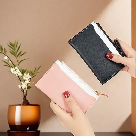 Women’s PU Leather Zipper Coin Purse – Contrast Color Card Holder with Anti-theft Protection