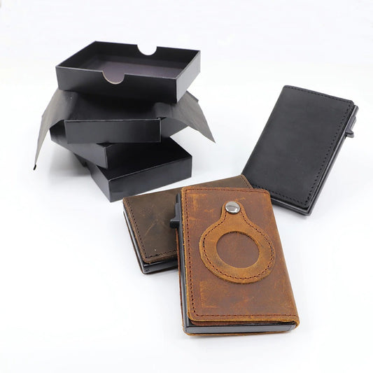 Minimalist Wallet for Men – Slim Genuine Leather RFID Blocking Card Holder with AirTag Pocket & Aluminum Case