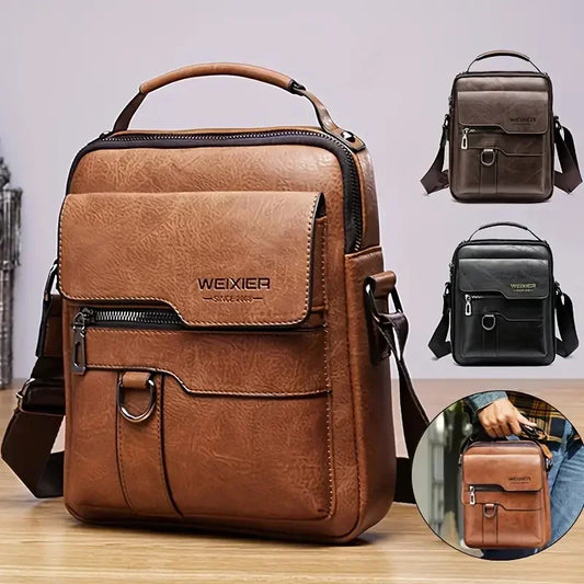 Men’s PU Leather Messenger Bag – Retro Business Shoulder Crossbody Backpack with Flap Design