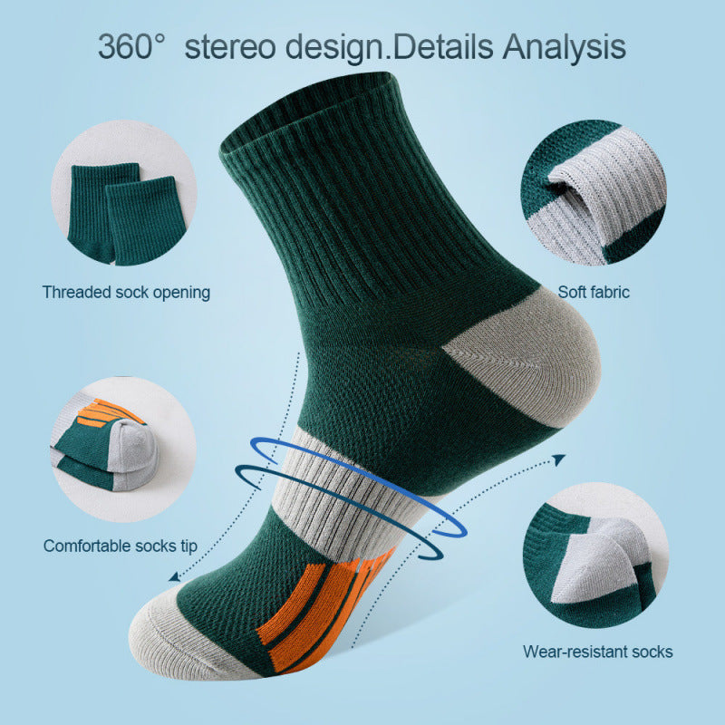 Men’s Middle Tube Cotton Sports Socks – Color Matching Basketball Non-Slip Breathable