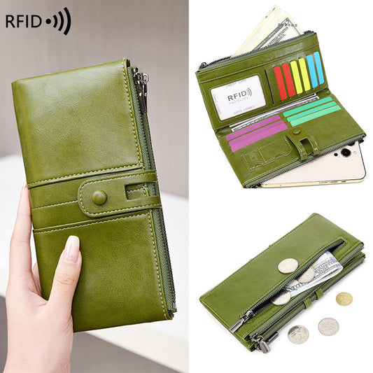 Oil Wax Leather Women’s Long Wallet – Double Zipper Retro Anti-theft PU Purse